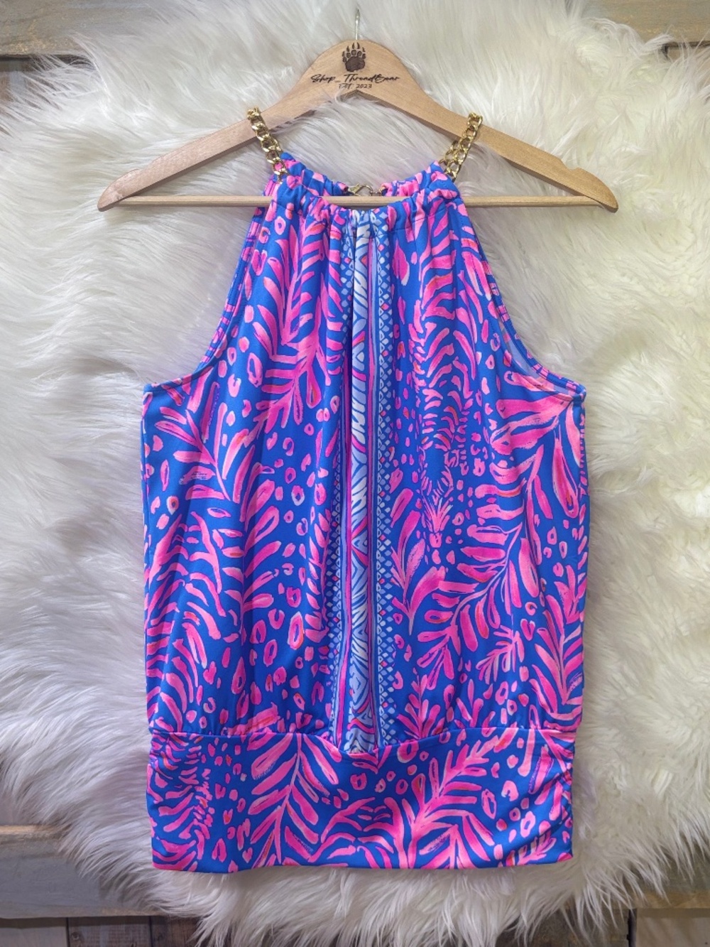 NWOT [Lilly Pulitzer] Hot Pink Blue < Bowen Zebra > Gold Sleeveless Top | Small